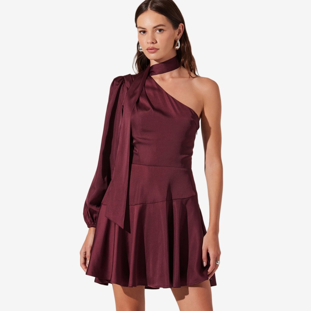 ASTR The‎ Label Satin Scarf Mini Dress Size S Wine Red One Shoulder